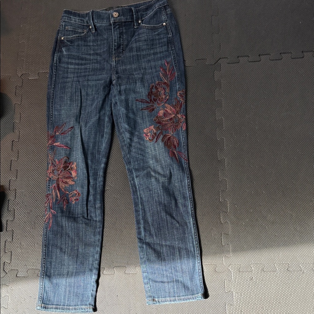 Dark Blue Women's Jeans with Burgundy Floral Embroidery